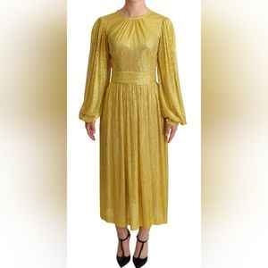 DOLCE & GABBANA Yellow Crystal Mesh Pleated Maxi Dress